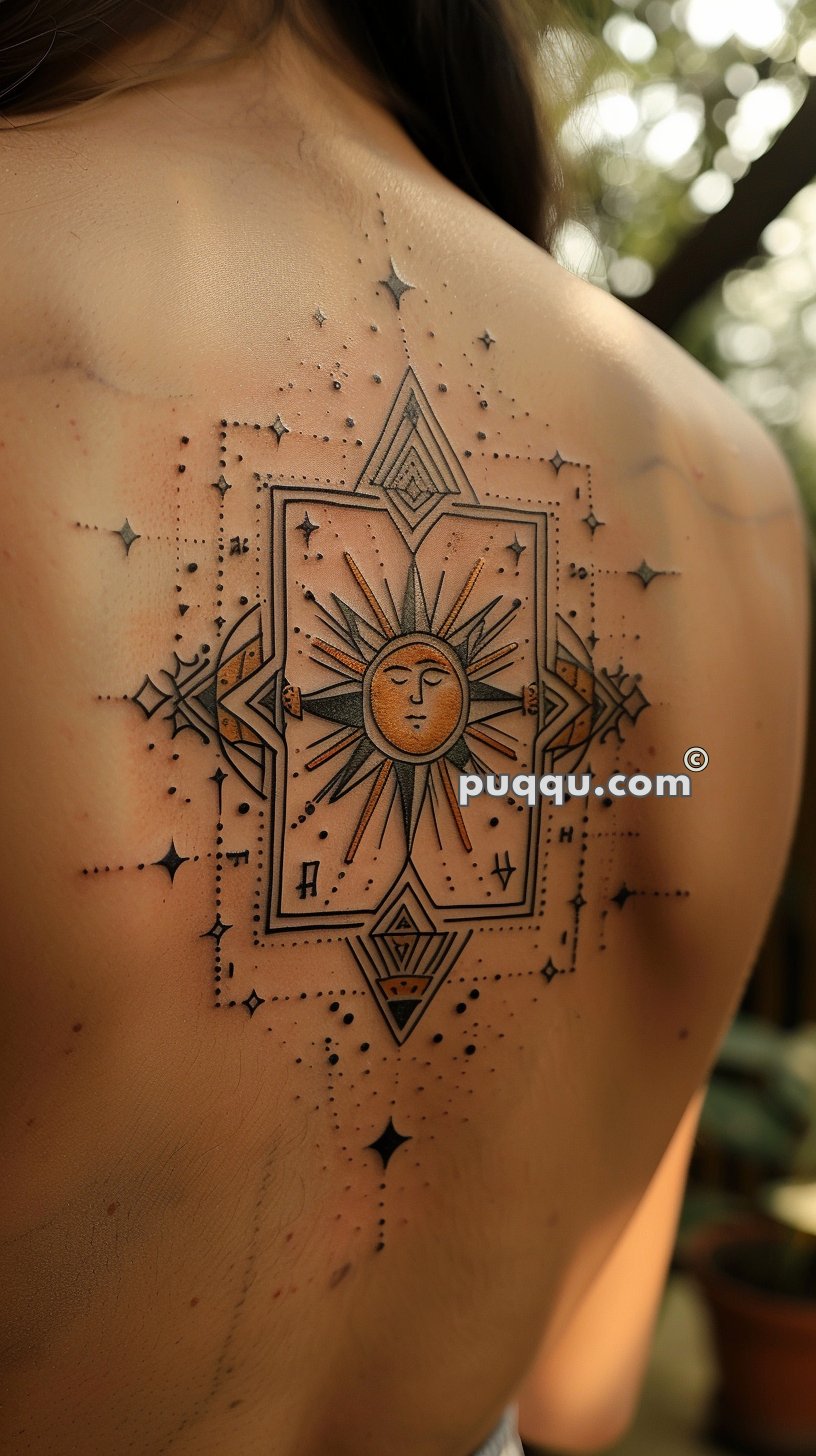 Geometric sun and star tattoo on a person's upper back.