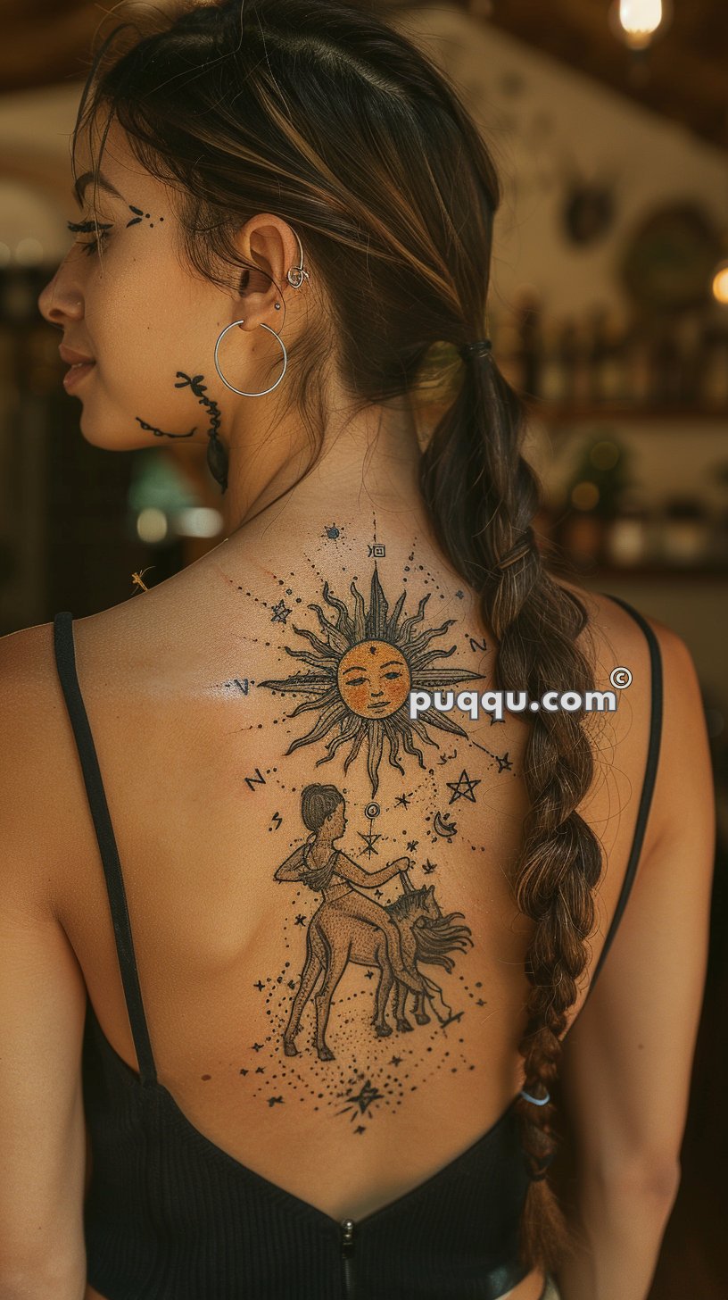 A woman with long braided hair and multiple ear piercings has an intricate back tattoo featuring a sun with a face, surrounded by celestial symbols and constellations. Below the sun, there's a tattoo of a figure riding a centaur. She is wearing a black top with thin straps.