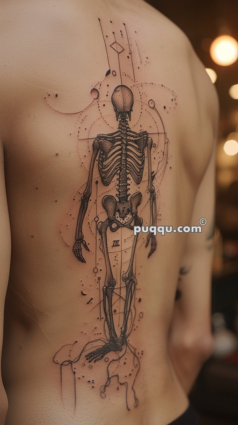 Back tattoo of a skeleton with geometric and dotwork elements, extending from the neck to the lower back.