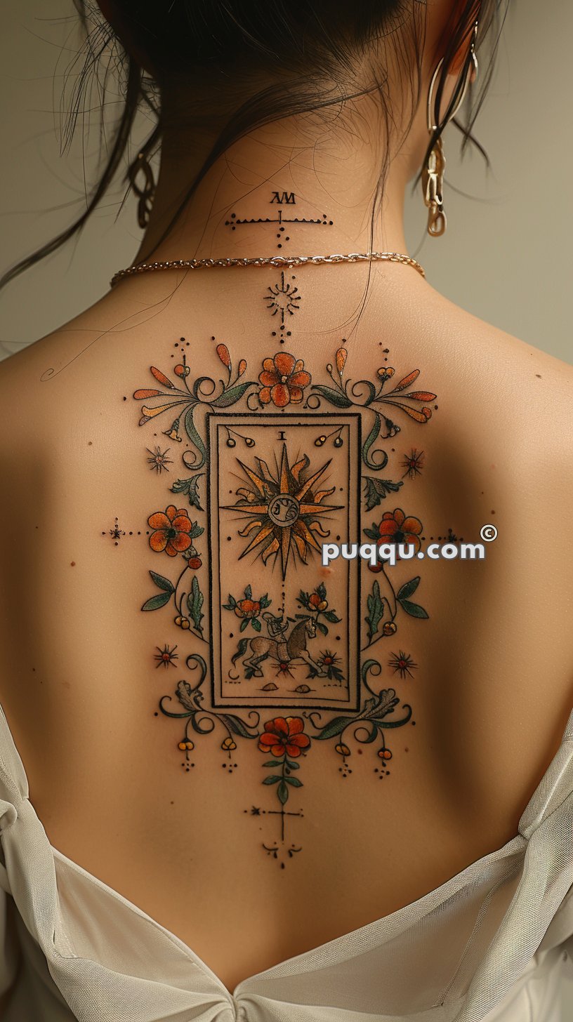 Back tattoo featuring an ornate design with flowers, a sun illustration, and a horse rider, along with geometric symbols on the upper back and neck.