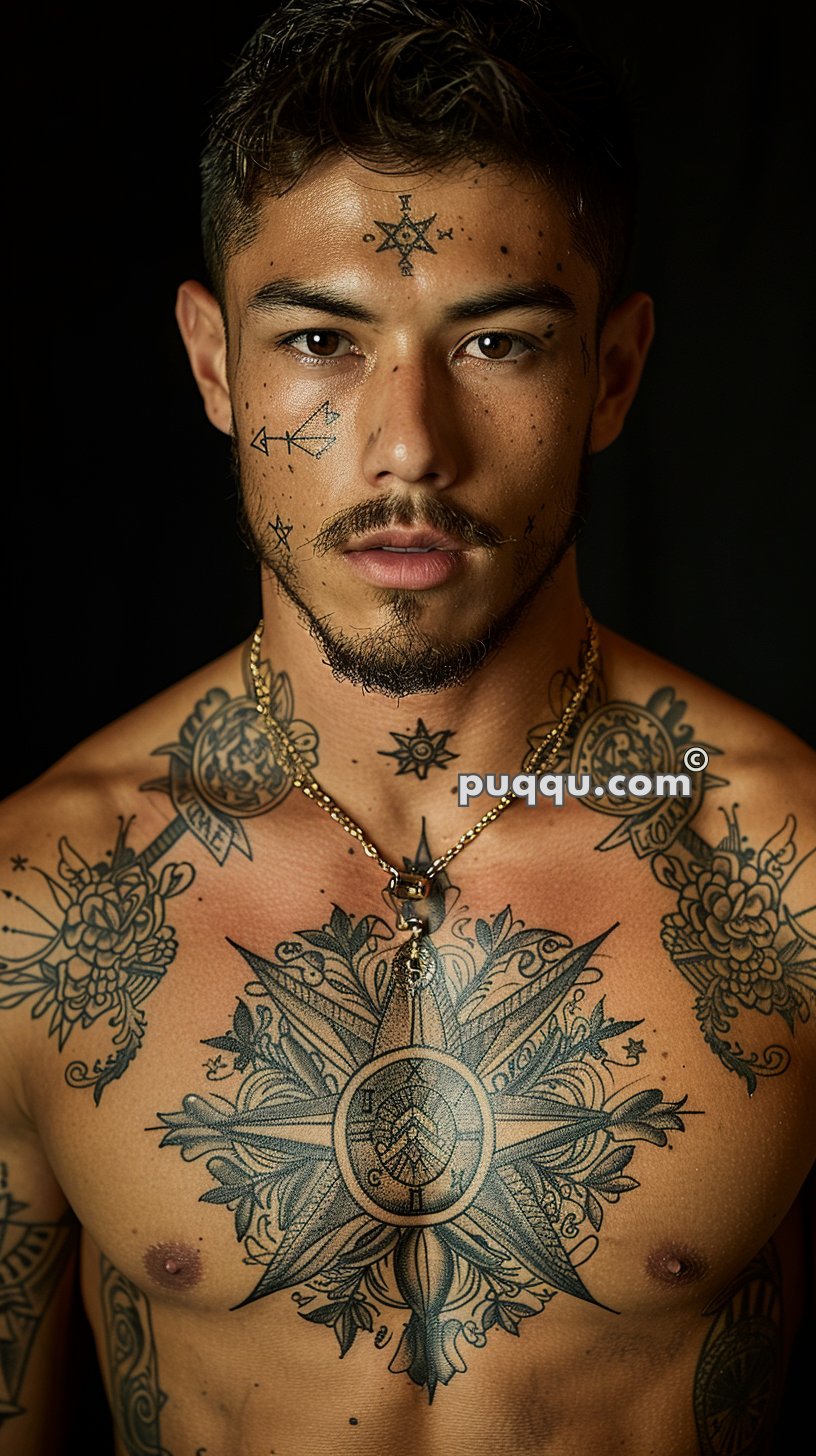 Shirtless man with various black tattoos on his face, neck, and chest, wearing a gold necklace.