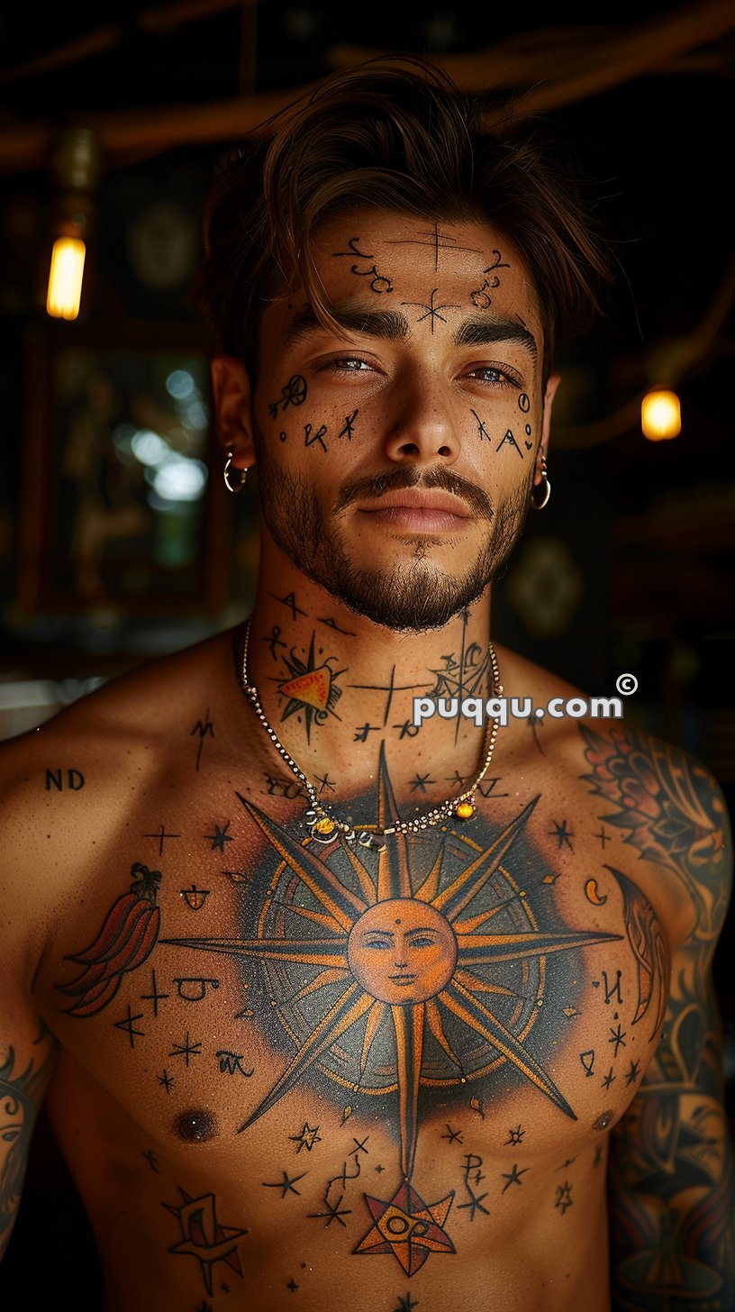 Man with facial and chest tattoos, including a prominent sun design on his chest, posing shirtless with illuminated background.