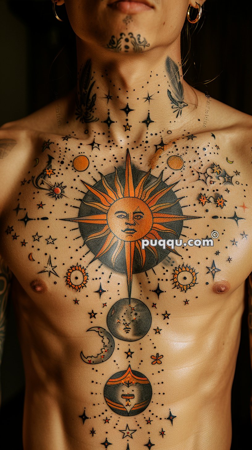 A person with elaborate celestial-themed tattoos covering the chest, featuring designs of the sun, moon phases, stars, and cosmic elements.