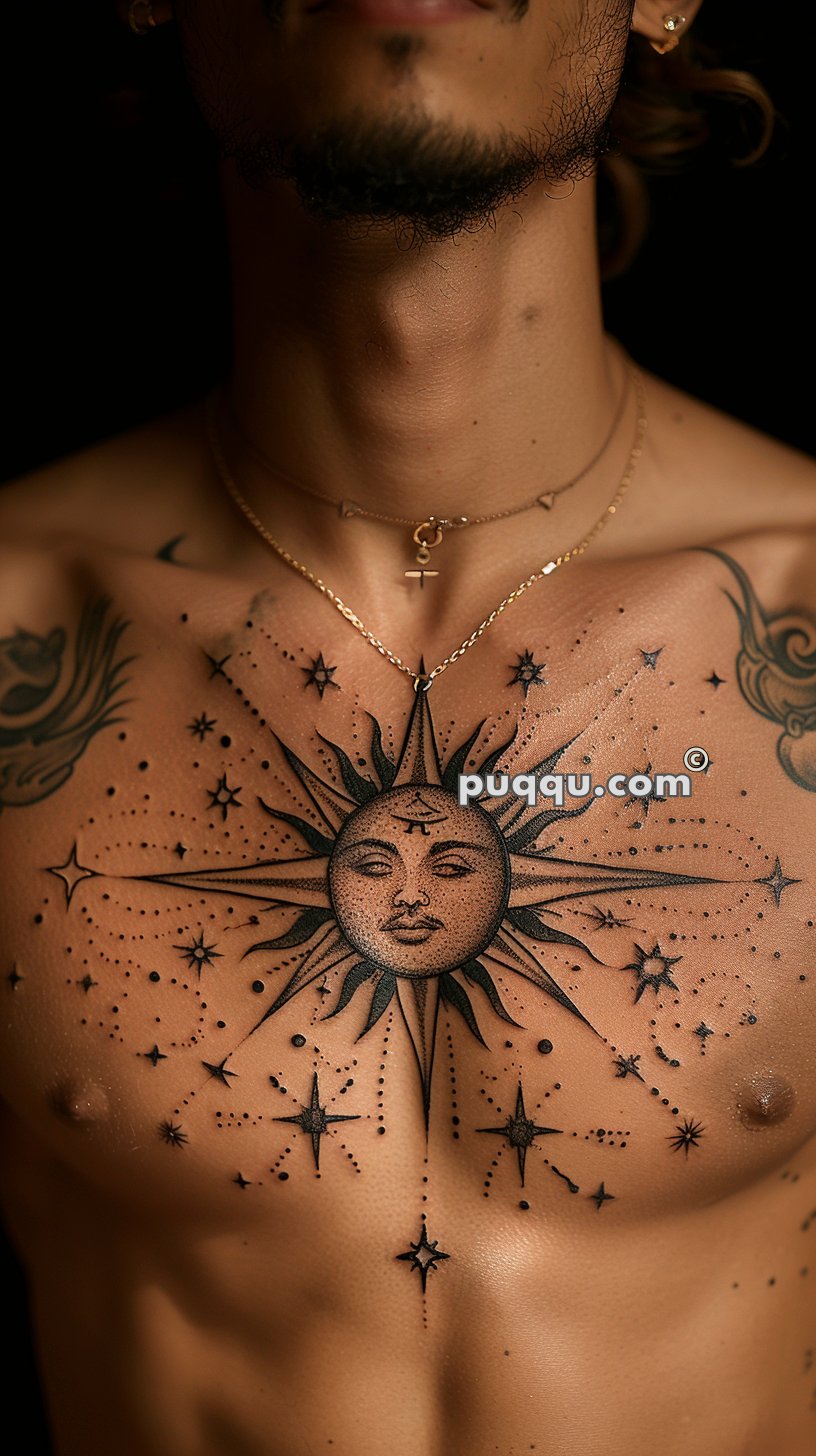 Close-up of a man's chest showing a large sun tattoo with a face in the center, surrounded by stars and dotwork.