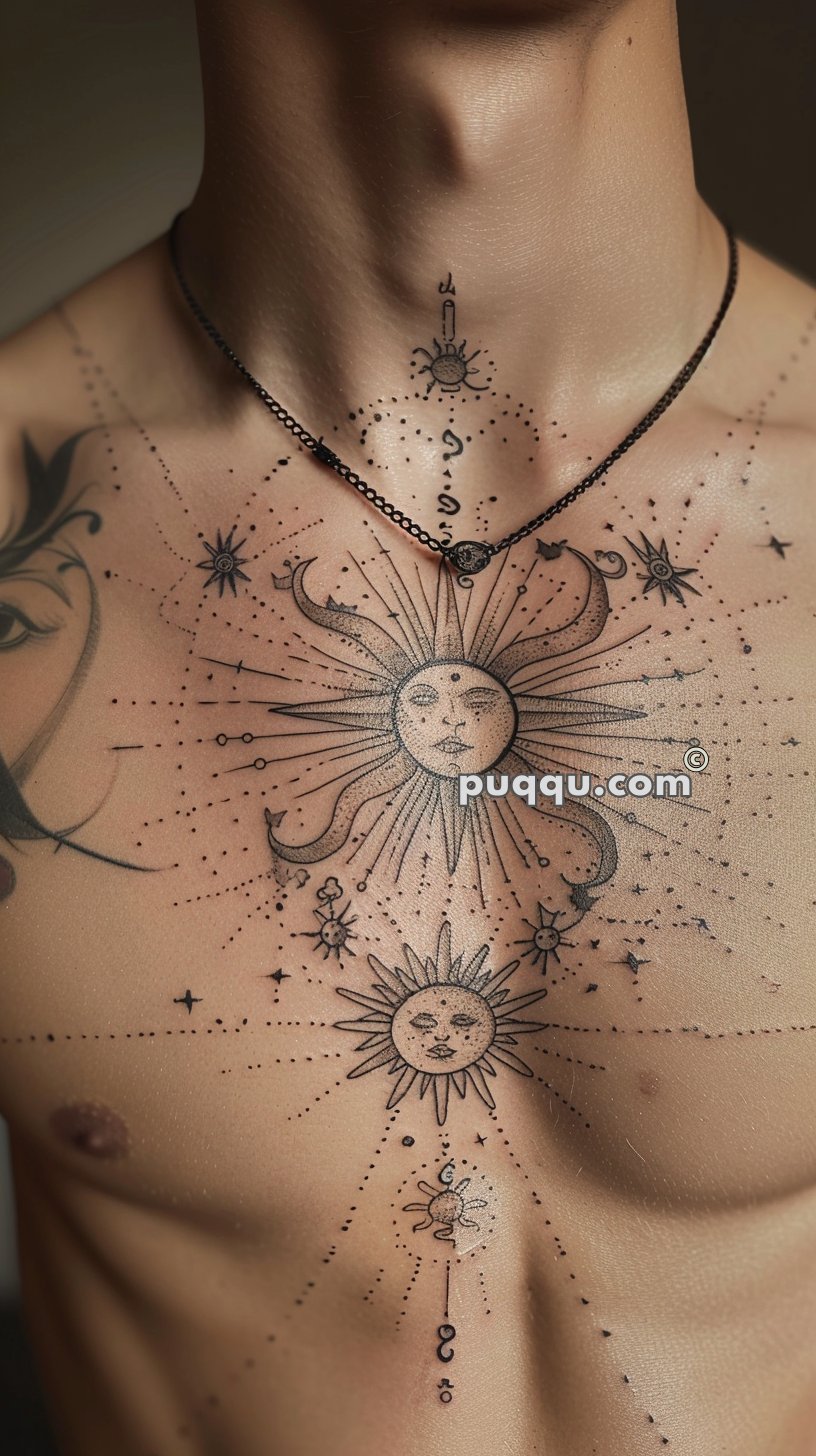 Chest and neck of a person with intricate tattoo design featuring sun and celestial elements, along with stars and constellations.