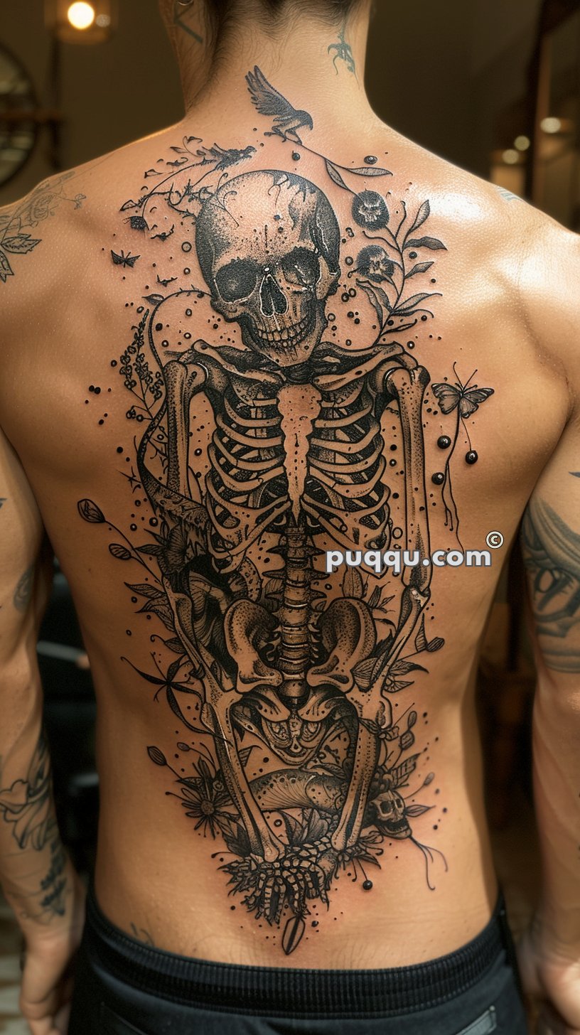 Tattoo of a detailed skeleton with floral and nature elements on a person's back.