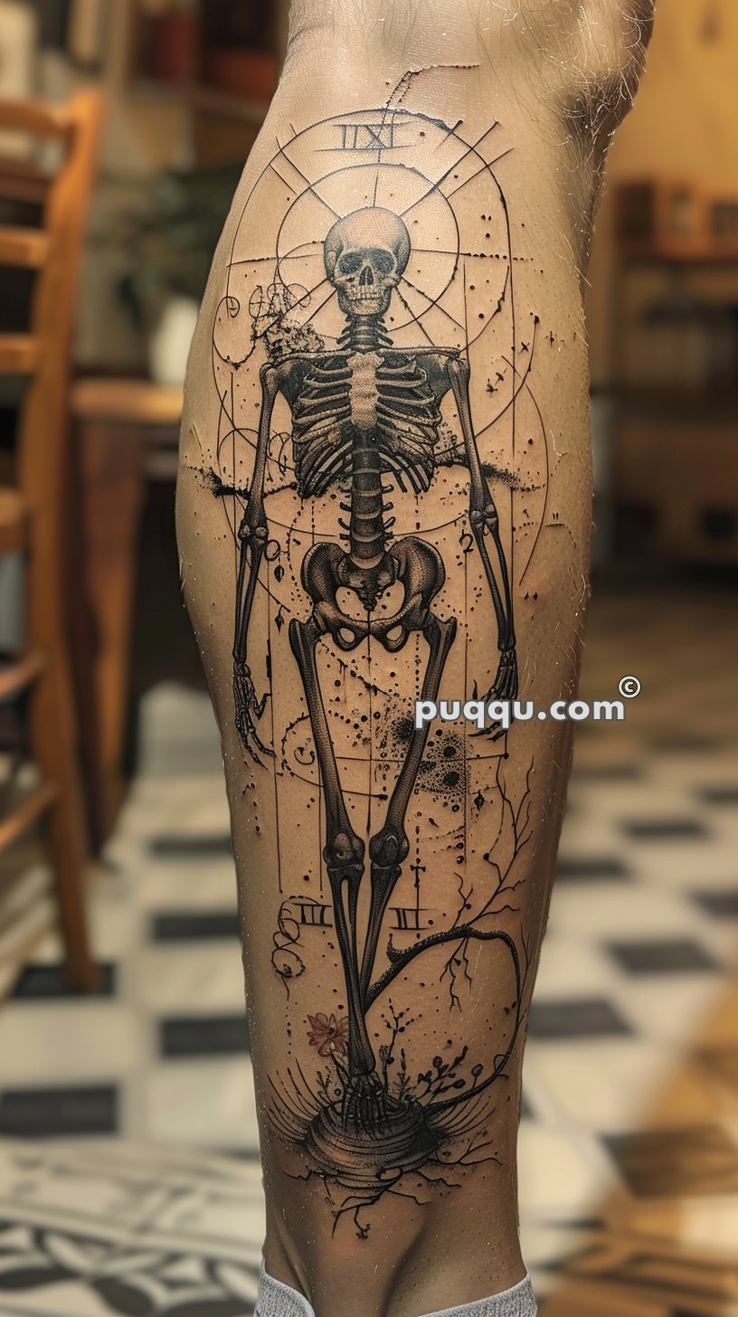 Detailed tattoo of a human skeleton with Roman numeral X behind its head, surrounded by geometric shapes and abstract elements, on a person's leg.