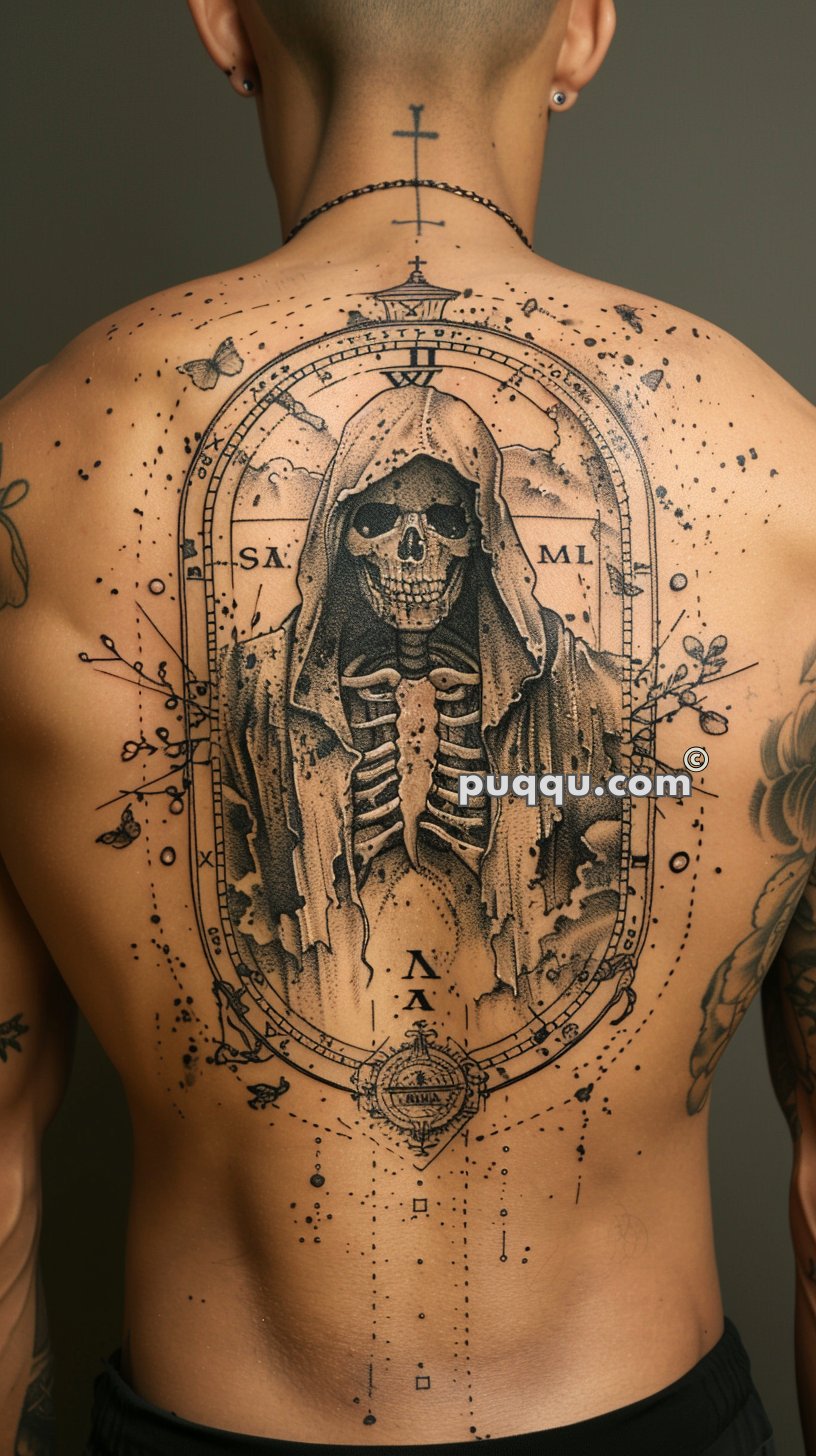 Back tattoo of a skeleton shrouded in a hooded cloak, surrounded by geometric and celestial designs.