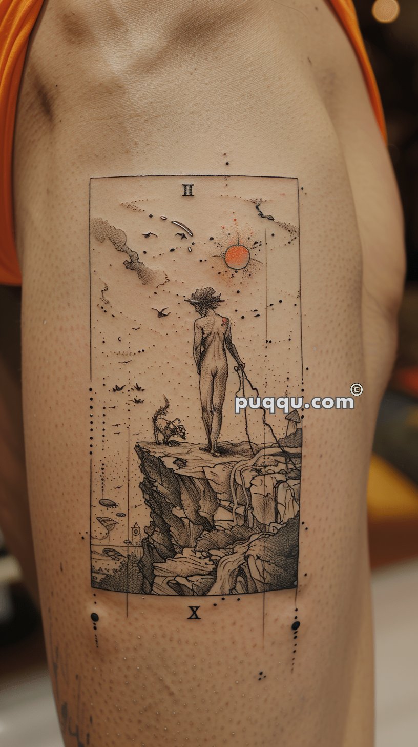 Tattoo of a nude figure standing on a cliff with a staff, overlooking a landscape. A red sun, clouds, and flying birds are in the sky above. The top of the tattoo has the Roman numeral II, and the bottom has the Roman numeral X.