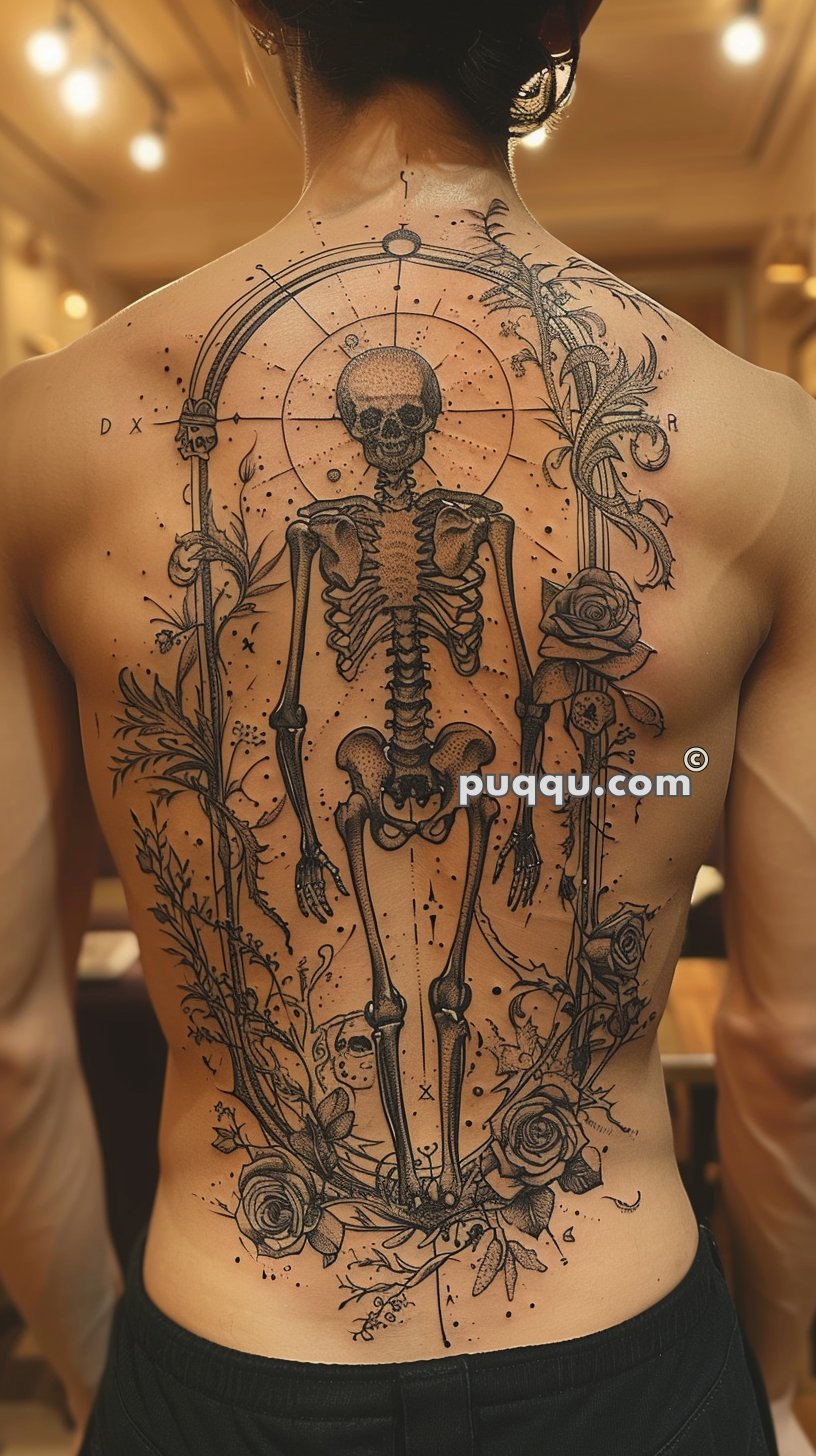 Intricate back tattoo featuring a skeleton surrounded by floral and geometric designs.