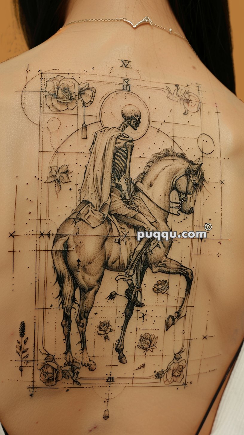 Detailed black and white tattoo of a skeleton riding a horse, featuring geometric and flower elements, covering a person's entire back.