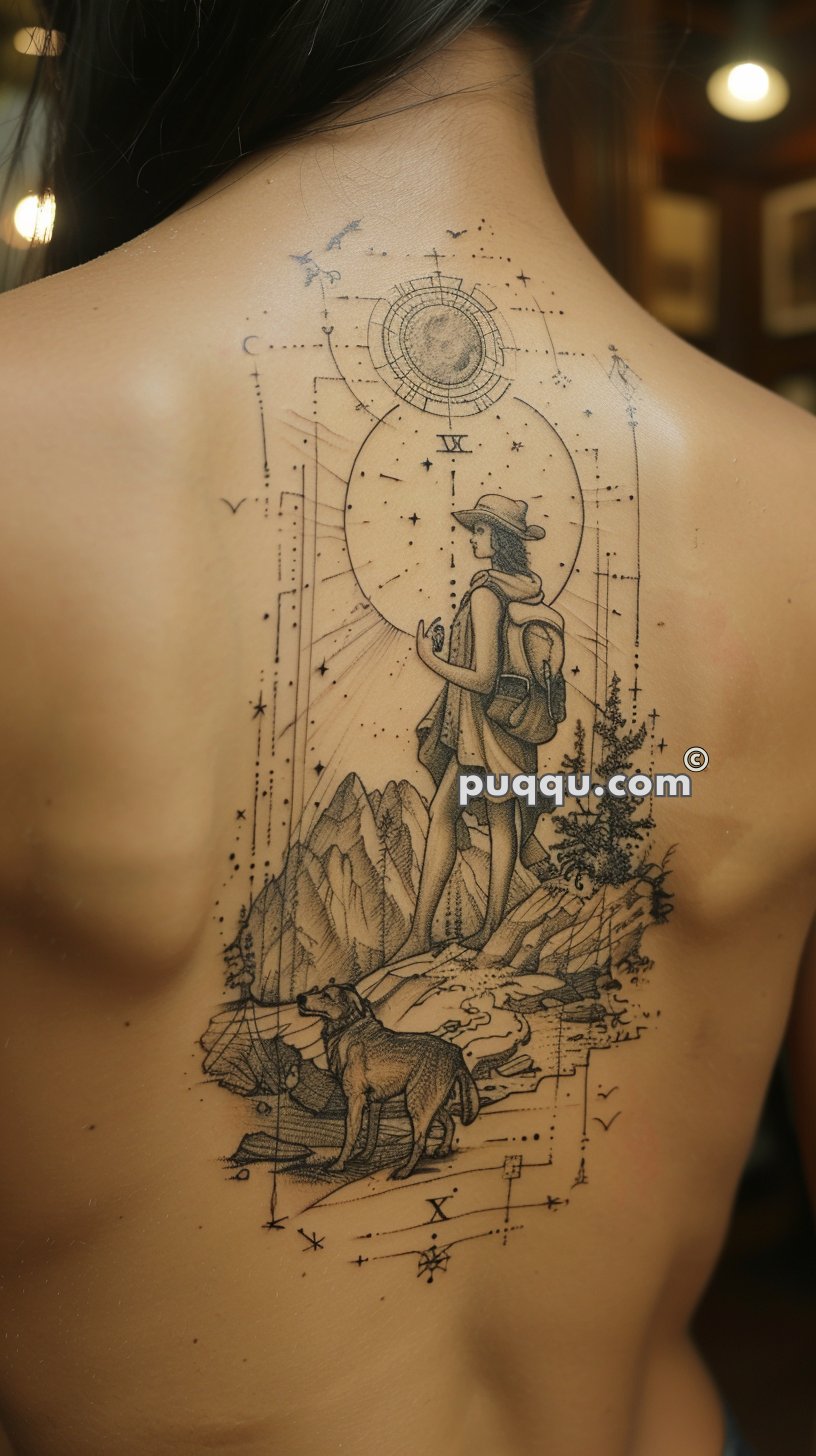 Intricate back tattoo depicting a person with a hat and backpack holding a butterfly, standing on a mountain next to a dog, with celestial and geometric elements in the background.