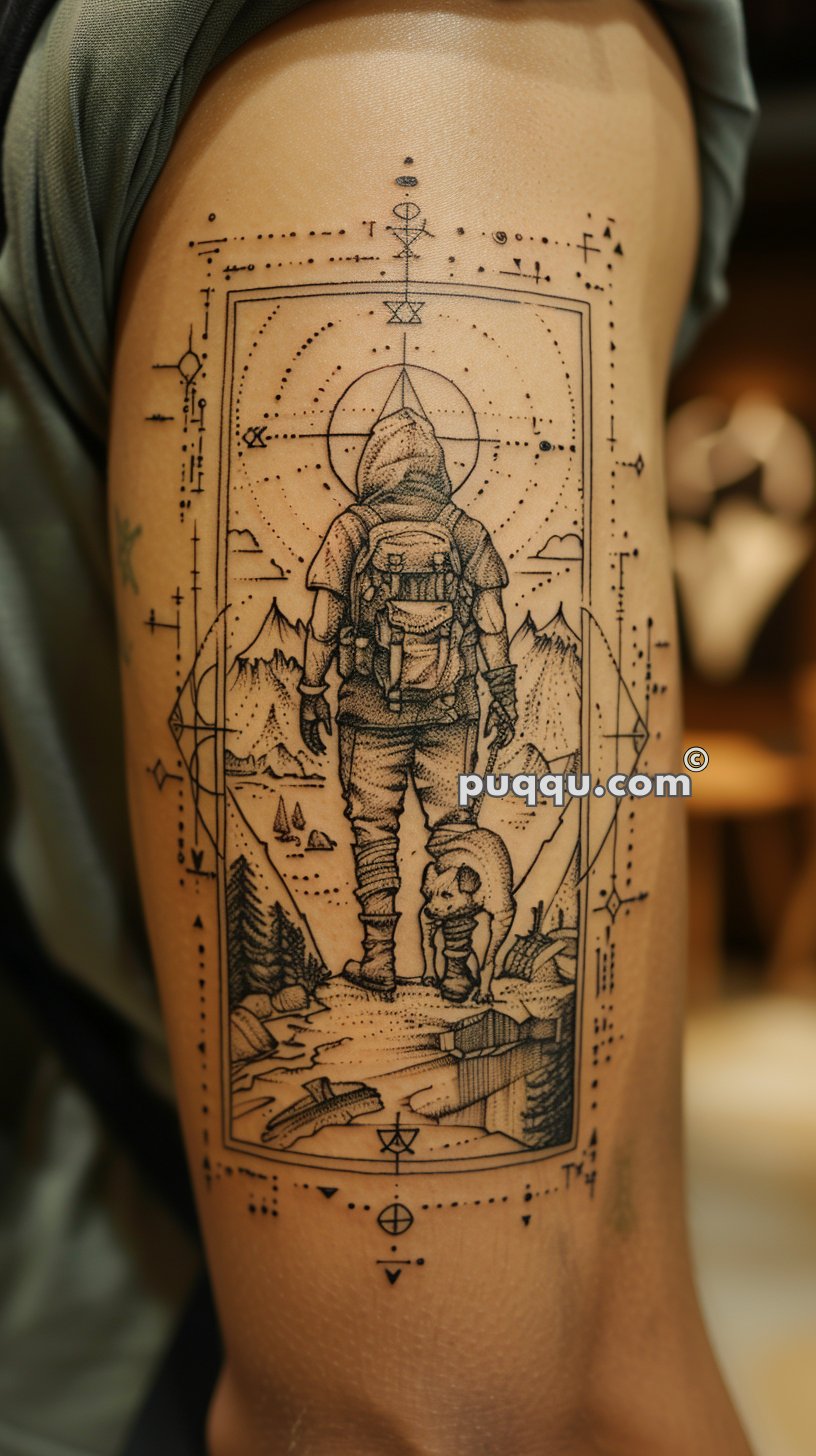 Tattoo of a hooded figure with a backpack standing on a path, accompanied by a small dog, with mountains in the background and geometric designs surrounding the scene.