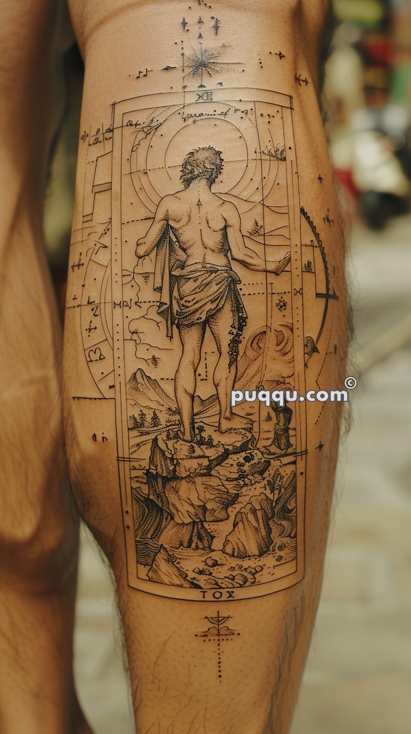 Intricate tattoo of a person standing on a rock with a scenic landscape background, surrounded by geometric shapes and symbols.