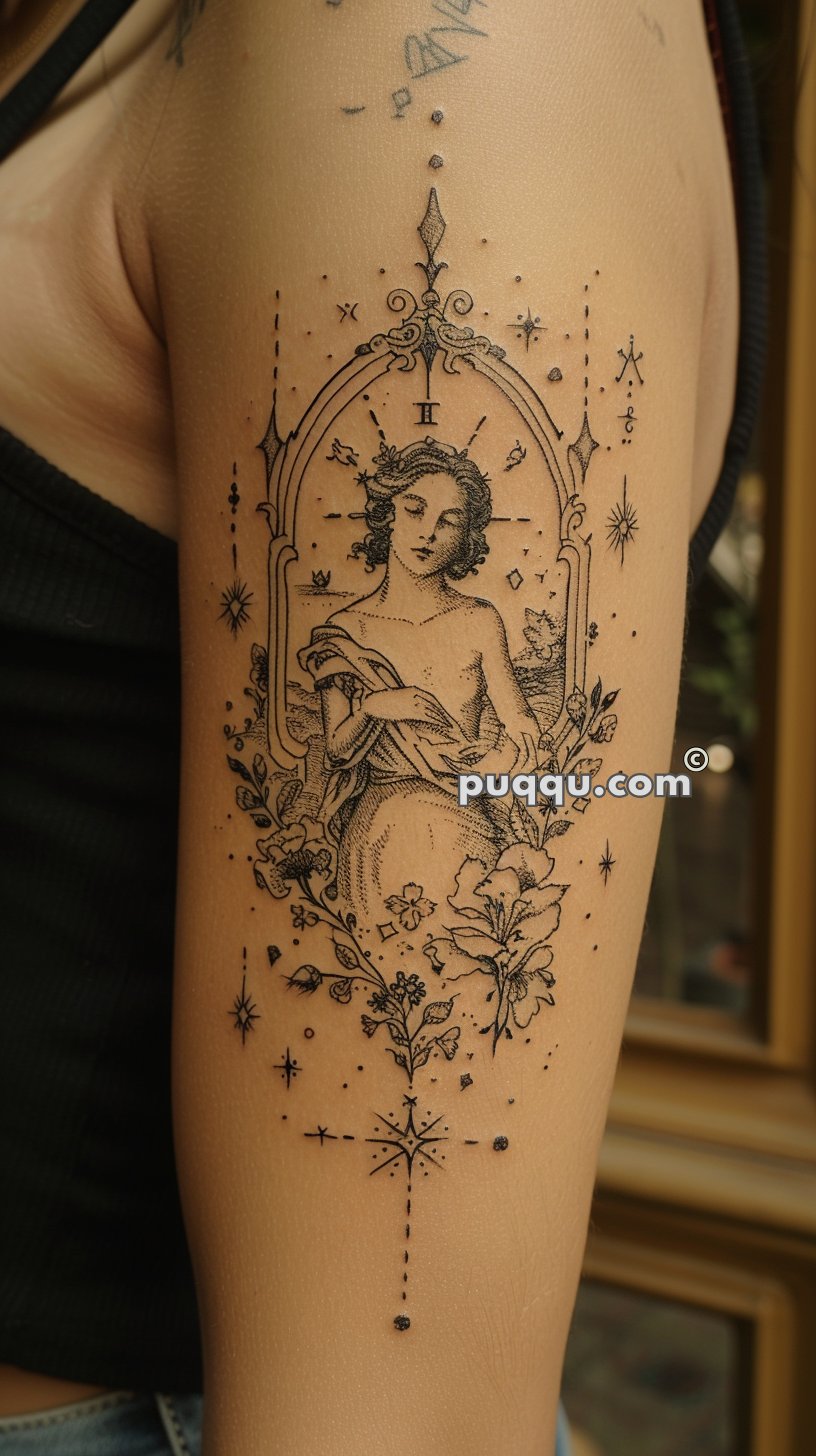 Detailed tattoo of a classical female figure surrounded by ornate designs, flowers, stars, and the astrological symbol for Gemini on an upper arm.