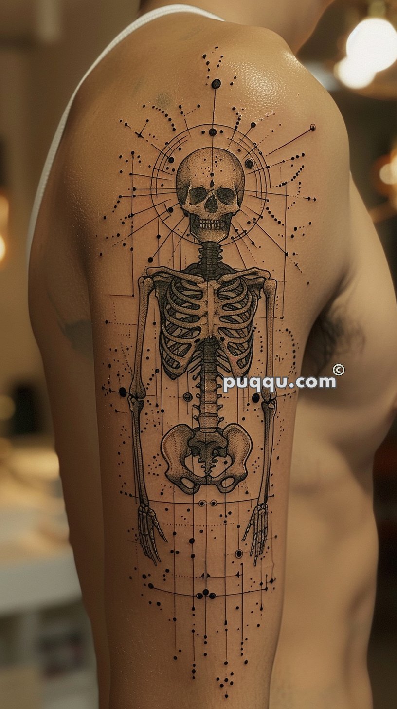 Tattoo of a geometric human skeleton with intricate line and dot patterns on the upper arm.