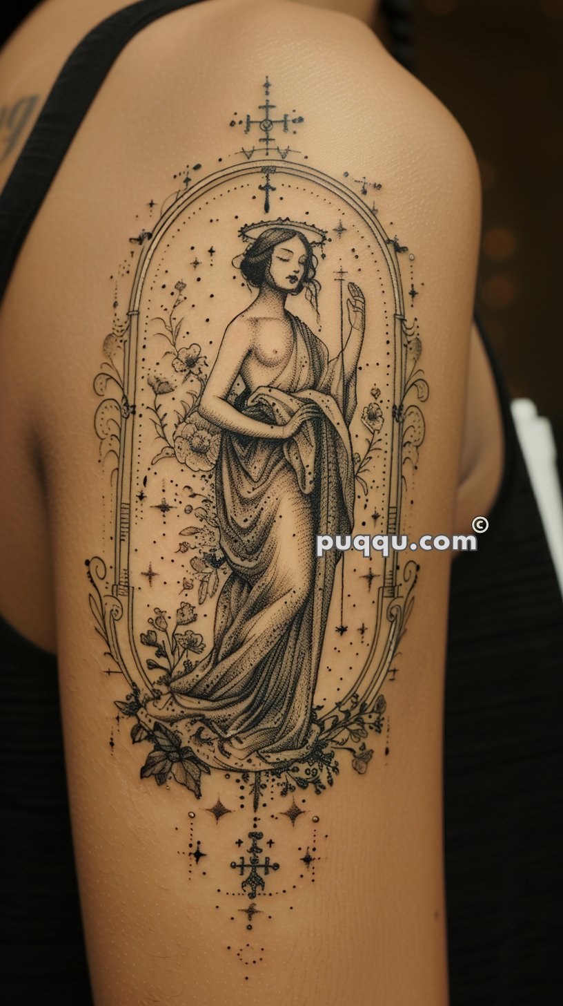 A detailed tattoo on an arm depicting a classical, serene woman in a flowing gown surrounded by floral elements and ornate, decorative patterns in a frame.