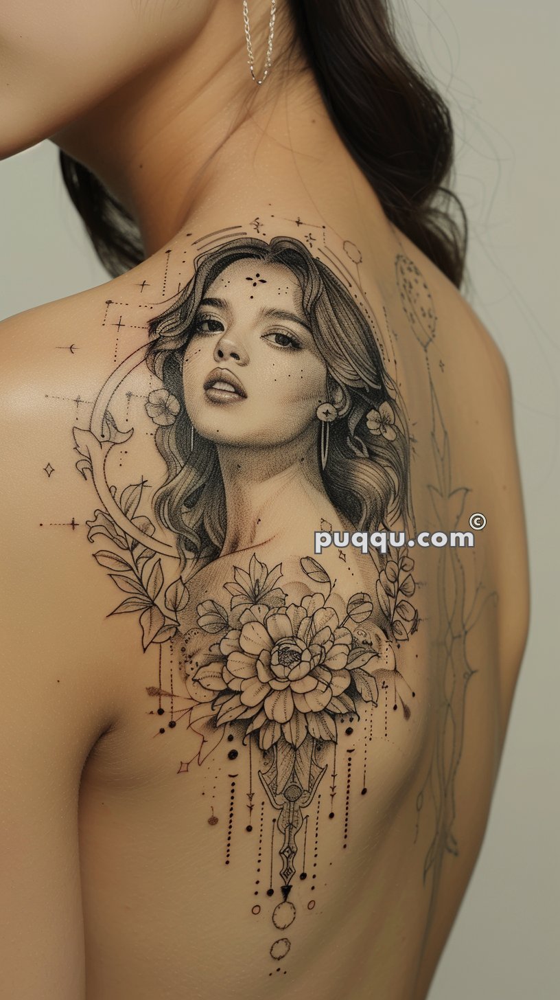 Detailed tattoo on a woman's back depicting a woman's face surrounded by flowers and geometric patterns.