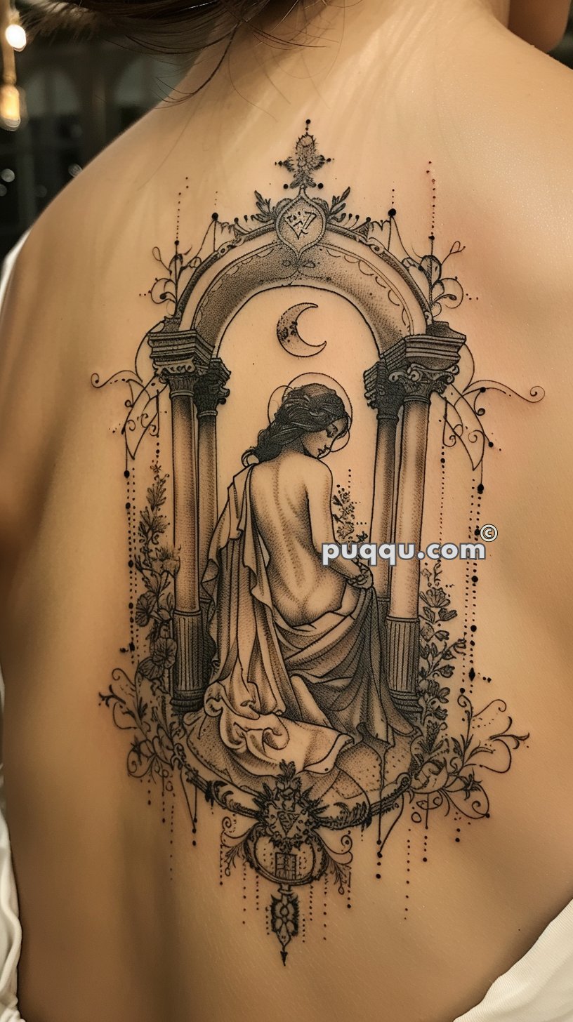 Intricate back tattoo of a cloaked figure sitting under an ornate arch with columns, surrounded by floral designs and a crescent moon above.