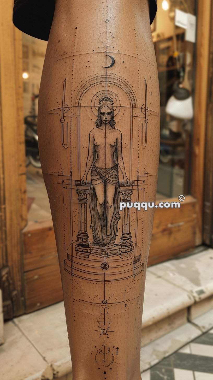 Tattoo of a detailed architectural design with a central figure of a woman, including geometric shapes and lines, placed on the back of a leg.