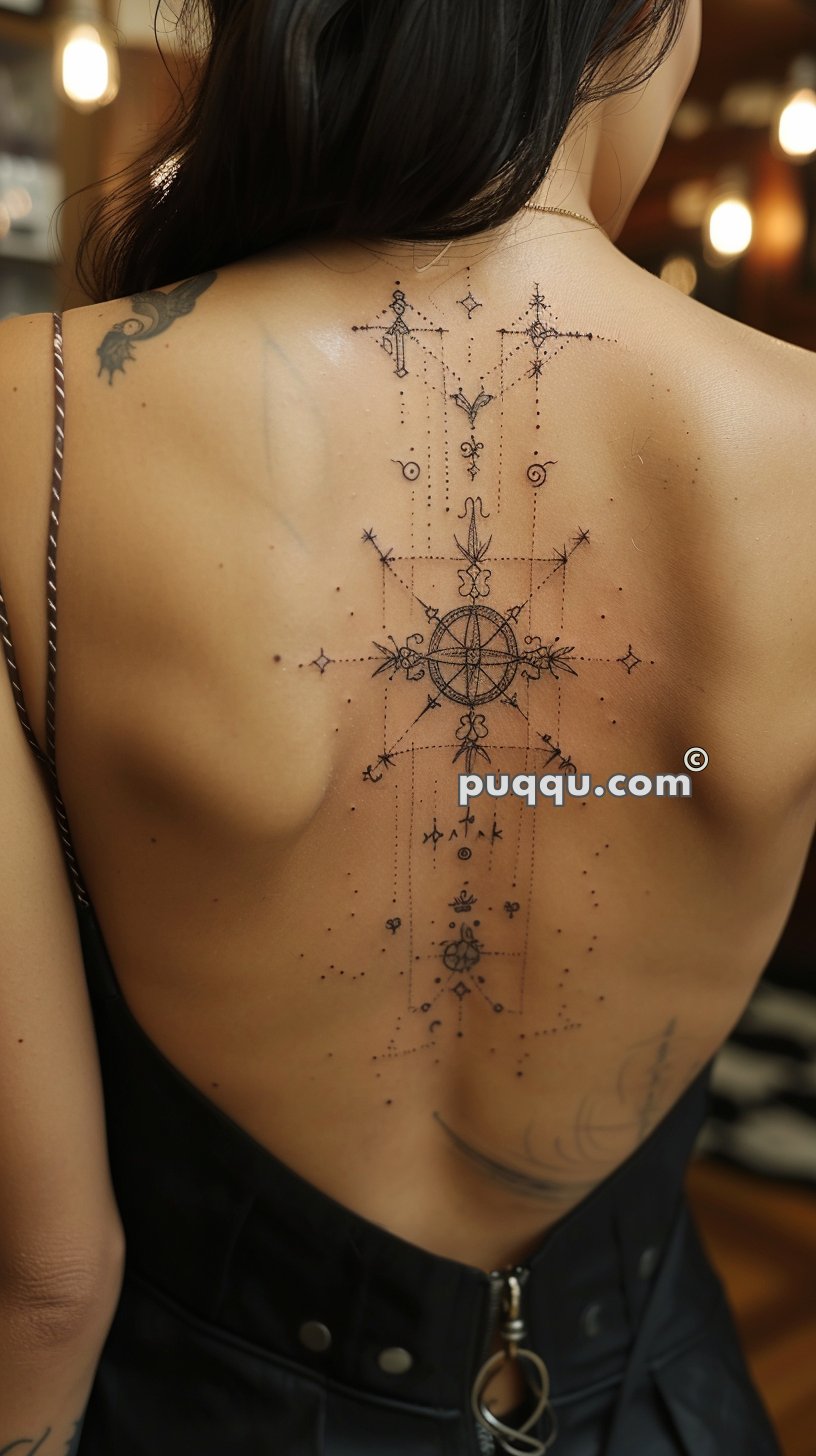 Woman with a detailed geometric tattoo design on her back.