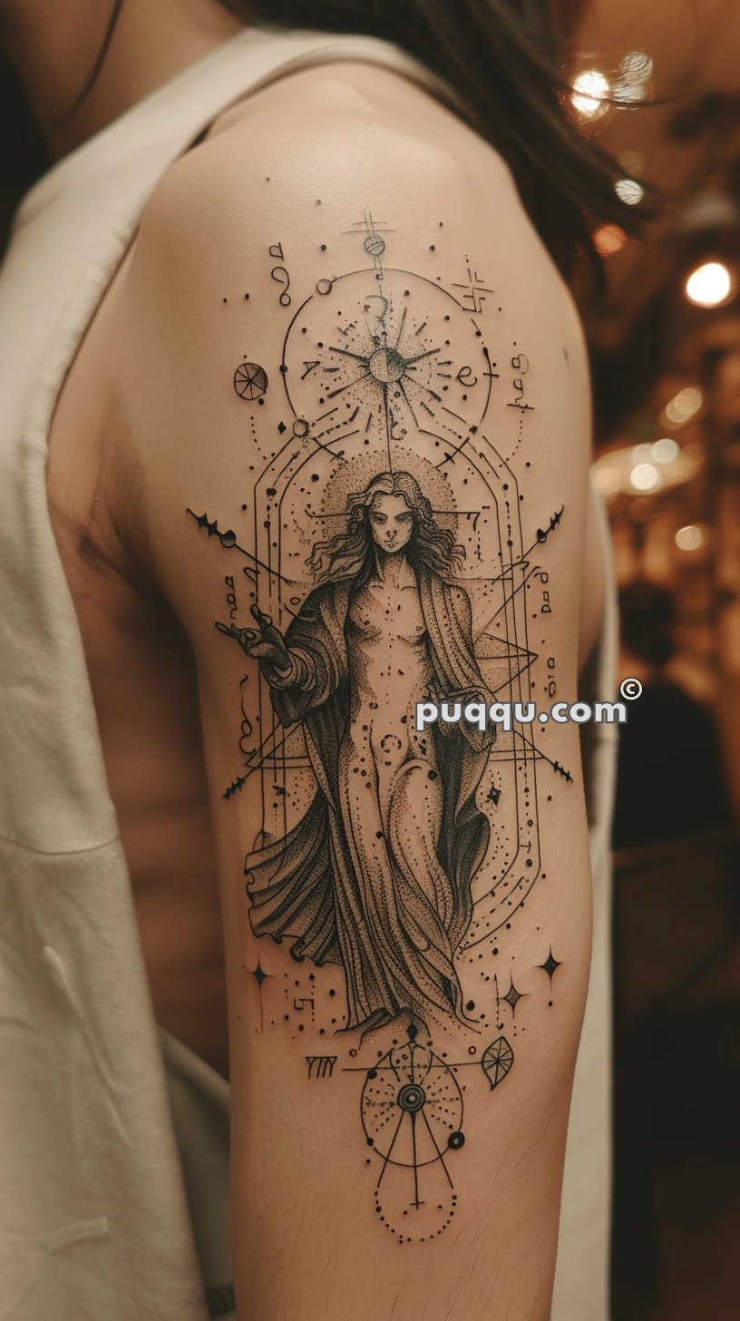 Tattoo of a robed figure surrounded by intricate geometric and celestial designs on an upper arm.