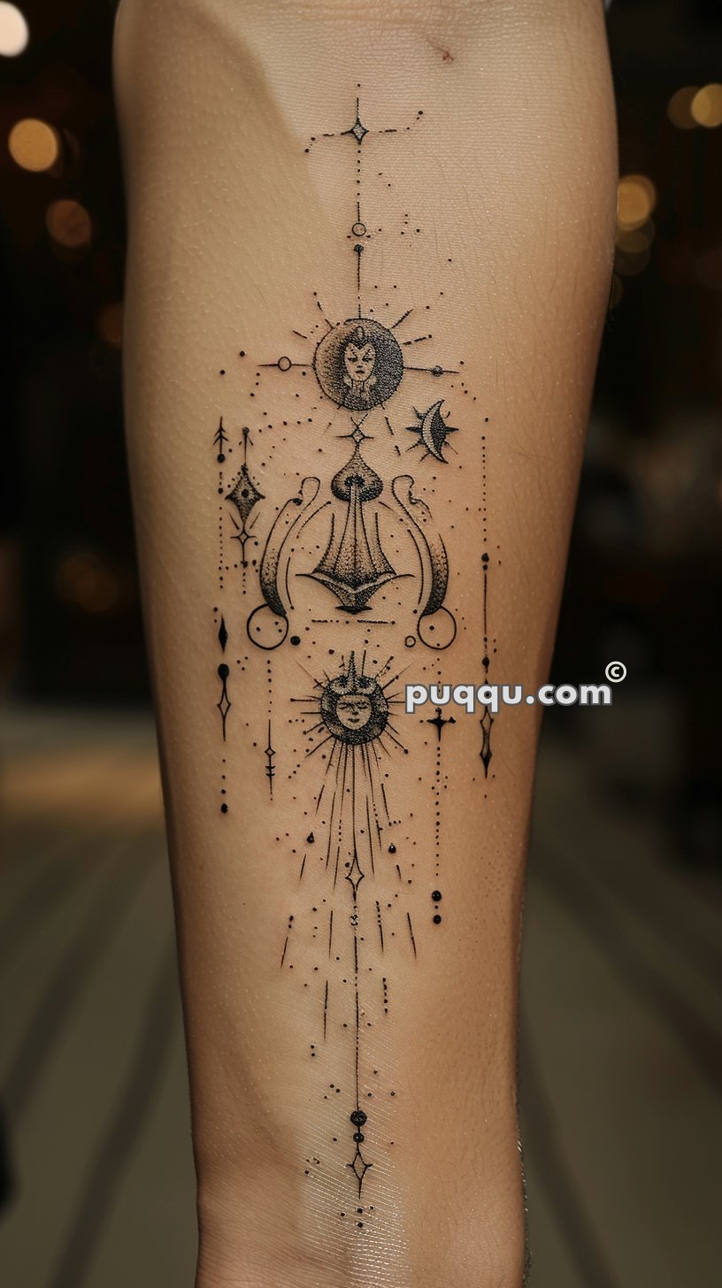 Ornate black ink tattoo featuring celestial elements such as the sun, moon, and stars, with intricate geometric shapes and dotwork.