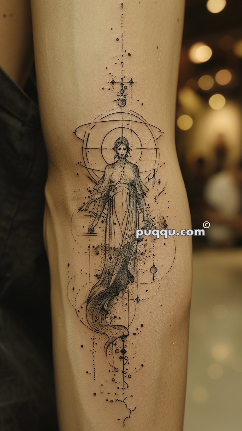 Intricate tattoo on an arm featuring a detailed, ethereal female figure with geometric and celestial elements, including circles and dots.