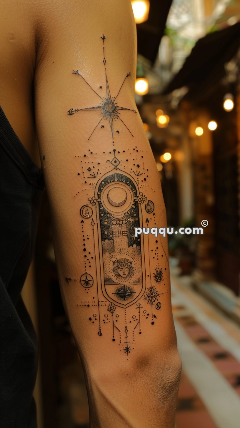 Surrealist tattoo featuring geometric shapes, celestial elements, and abstract designs on an upper arm.