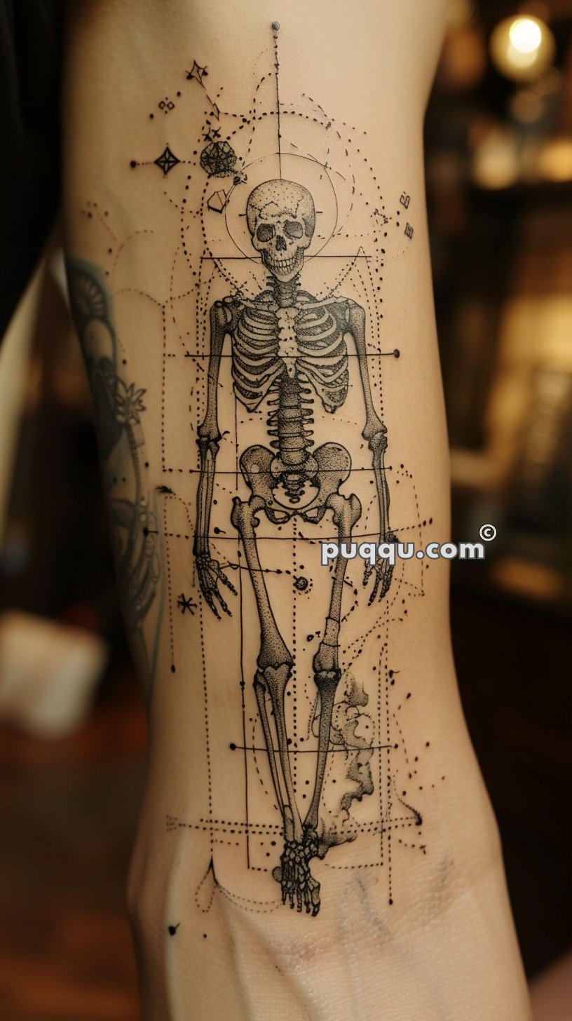 Intricate black tattoo of an anatomical skeleton with geometric and dot work patterns on an arm.