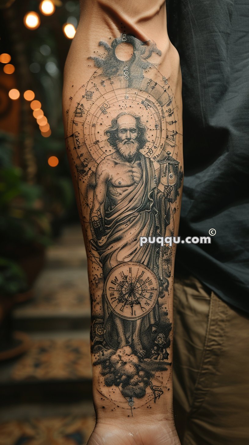 Tattoo design depicting an old man with a flowing beard and robes, featuring astronomical elements and symbols, including a compass on his chest and celestial charts in the background.