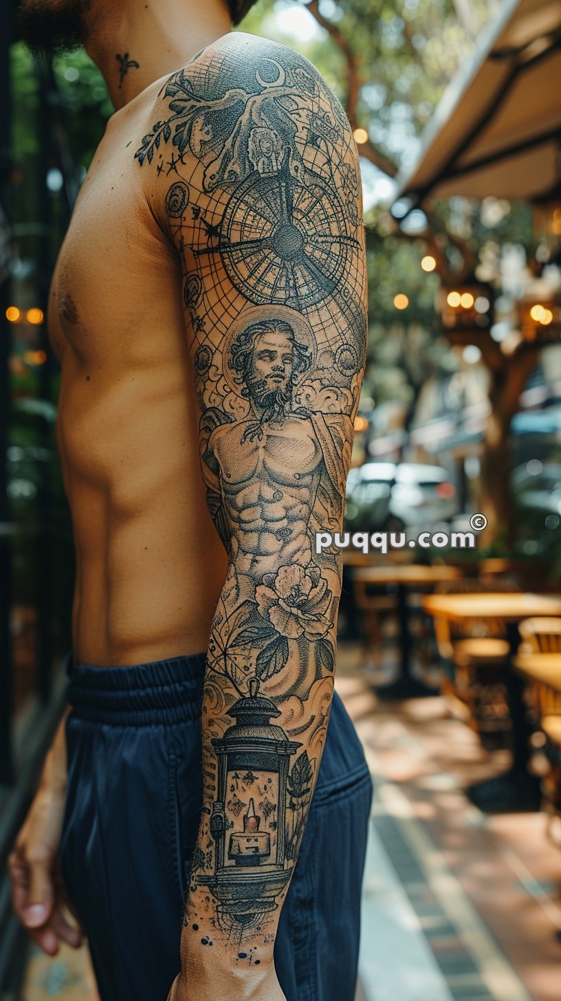 Tattooed arm with intricate black and grey designs, including a celestial map, human figure, and lantern, photographed in an outdoor café setting.