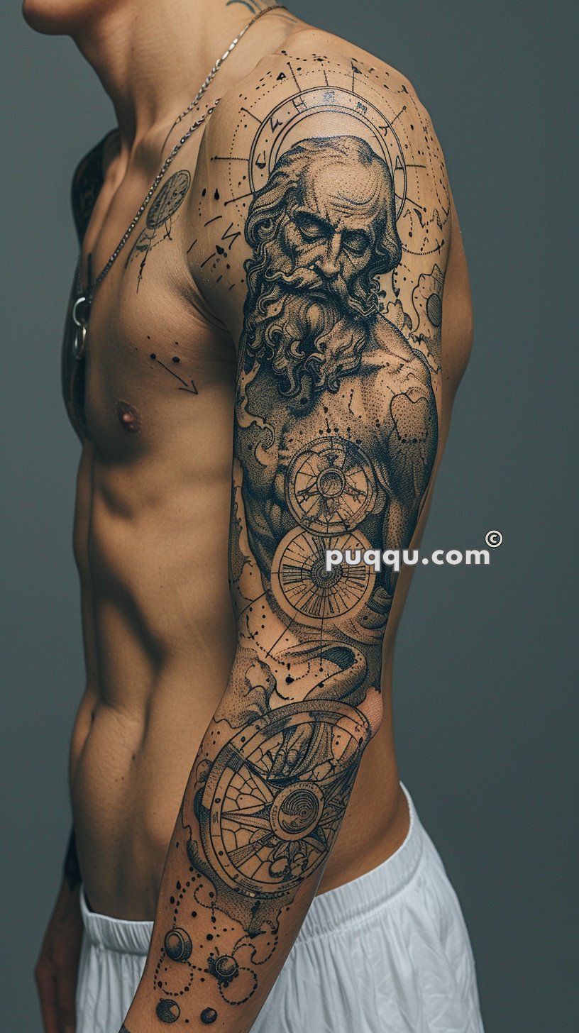 Upper body of a shirtless person with an intricate black and grey tattoo of an elderly bearded man, celestial symbols, and cosmic imagery covering their arm and shoulder.