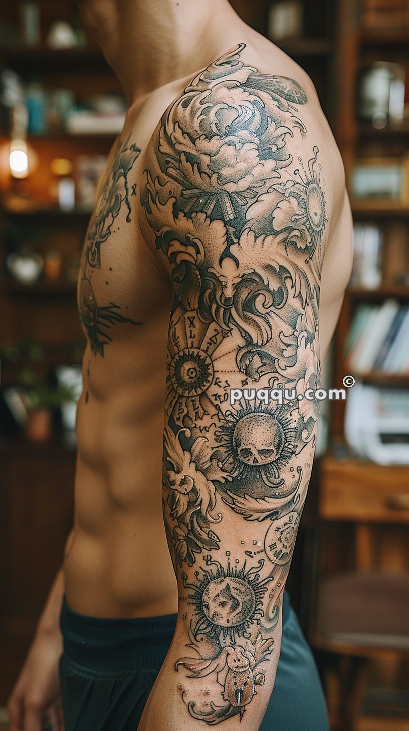 Man with intricate black and gray tattoos covering his shoulder and arm, featuring elements like clouds, sun, and abstract designs.