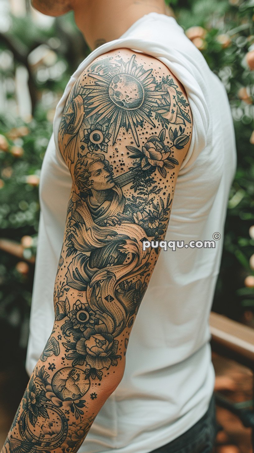 Person's arm with a detailed sleeve tattoo featuring celestial imagery, including the sun and moon, surrounded by florals and abstract designs, wearing a white sleeveless shirt.