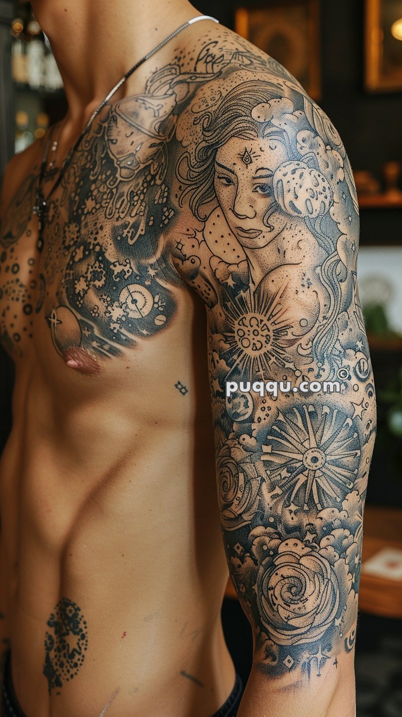 Close-up of a shirtless person with an intricate black and grey tattoo sleeve featuring a woman's face, floral designs, and various geometric and celestial patterns.