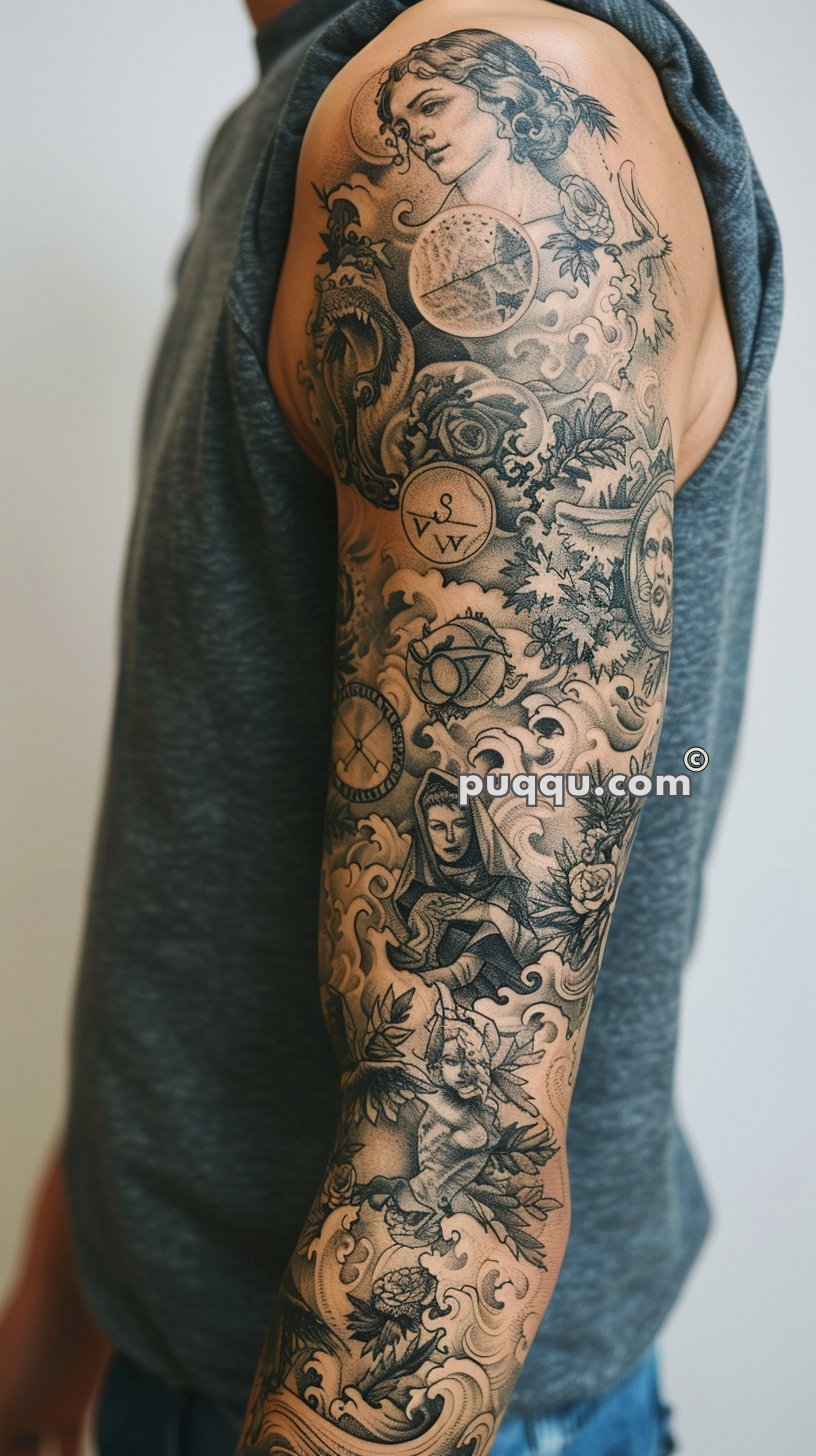 A grayscale tattoo sleeve featuring a detailed combination of classical portraiture, astronomical symbols, celestial and mythological figures, floral elements, and intricate patterns.