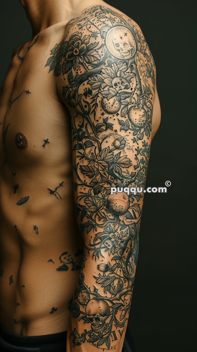 Detailed sleeve tattoo on a person's arm featuring skulls, flowers, and various intricate designs.