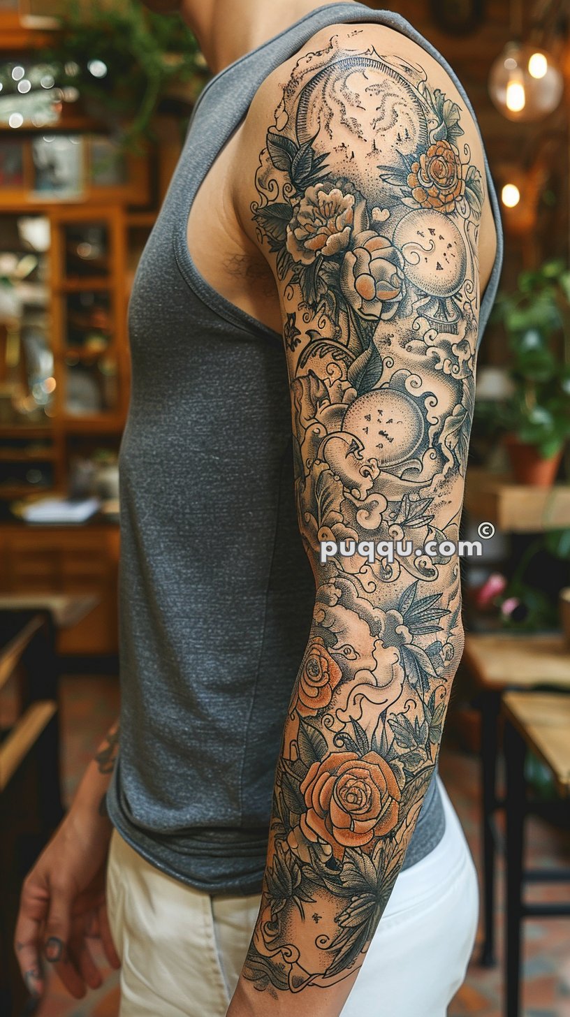 Person with a detailed full-sleeve tattoo featuring roses, clouds, and celestial designs in black and gray with orange accents, wearing a gray tank top.