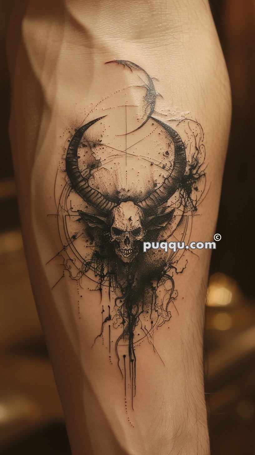 Abstract tattoo featuring a skull with long horns and dark shaded accents, surrounded by geometric and splattered ink designs on the upper arm.