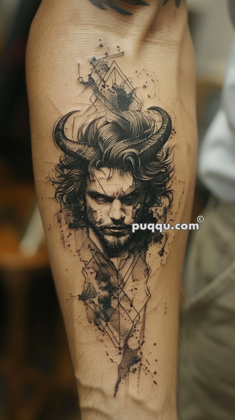 Tattoo of a bearded man with long hair and horns.