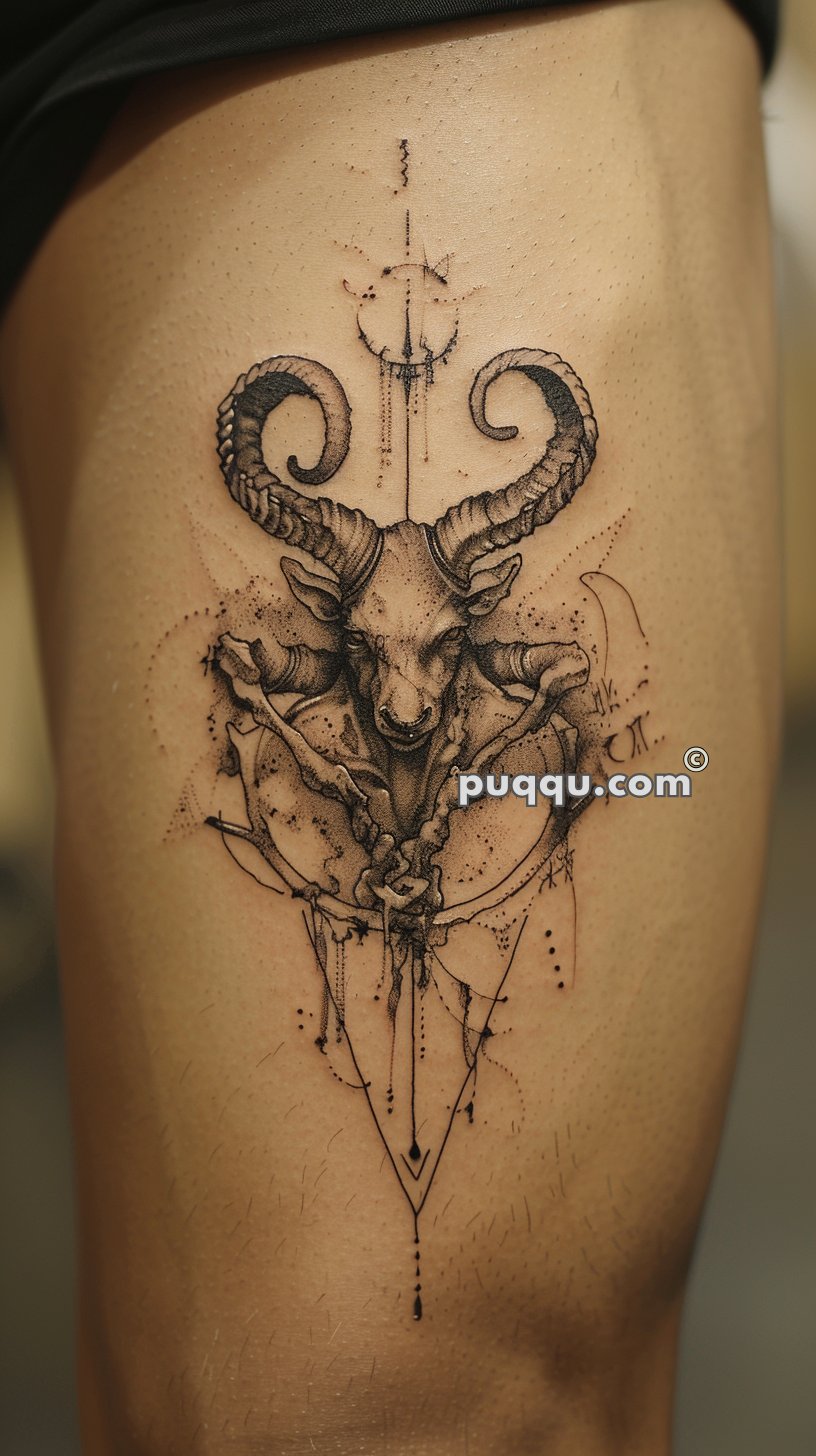 Tattoo of a ram's head with large curved horns, incorporating geometric shapes and detailed shading, located on the upper thigh.