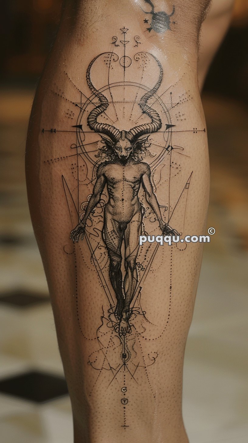 Tattoo of a human figure with a goat head and large horns, surrounded by geometric shapes and intricate lines.