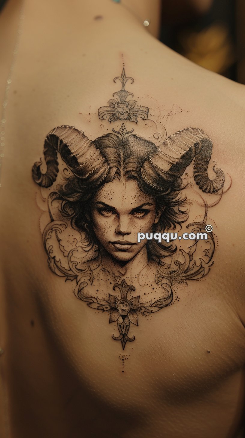 Tattoo of a woman's face with ram horns and intricate designs on a person's back.