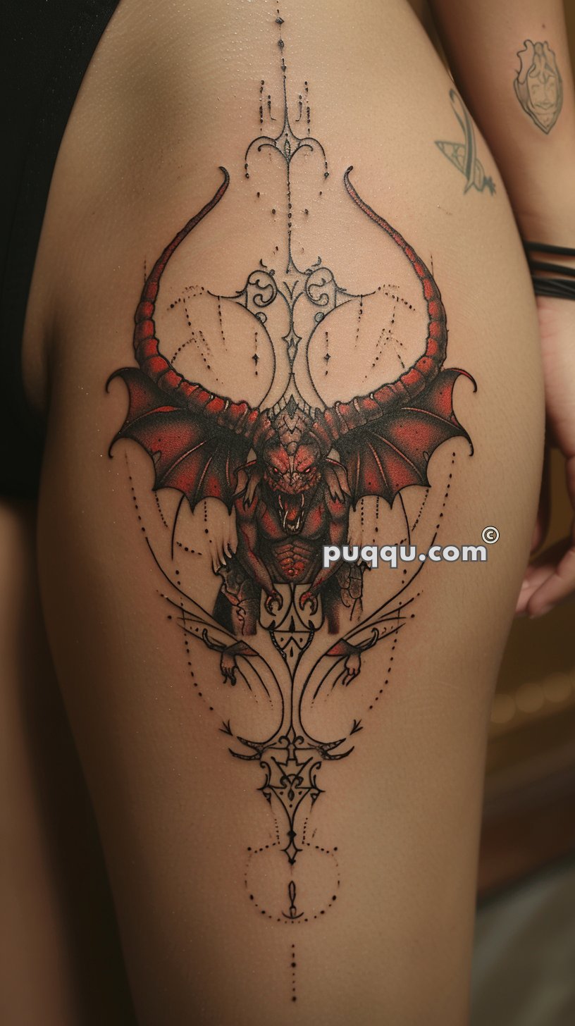 Tattoo of a fierce red and black dragon with large wings and intricate design elements on the upper thigh.