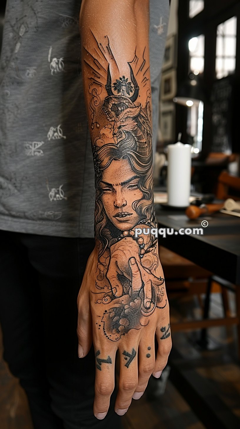 Forearm tattoo featuring a detailed, shaded illustration of a woman with flowing hair, a hand, and an elaborate headdress, with additional smaller tattoos on the fingers.