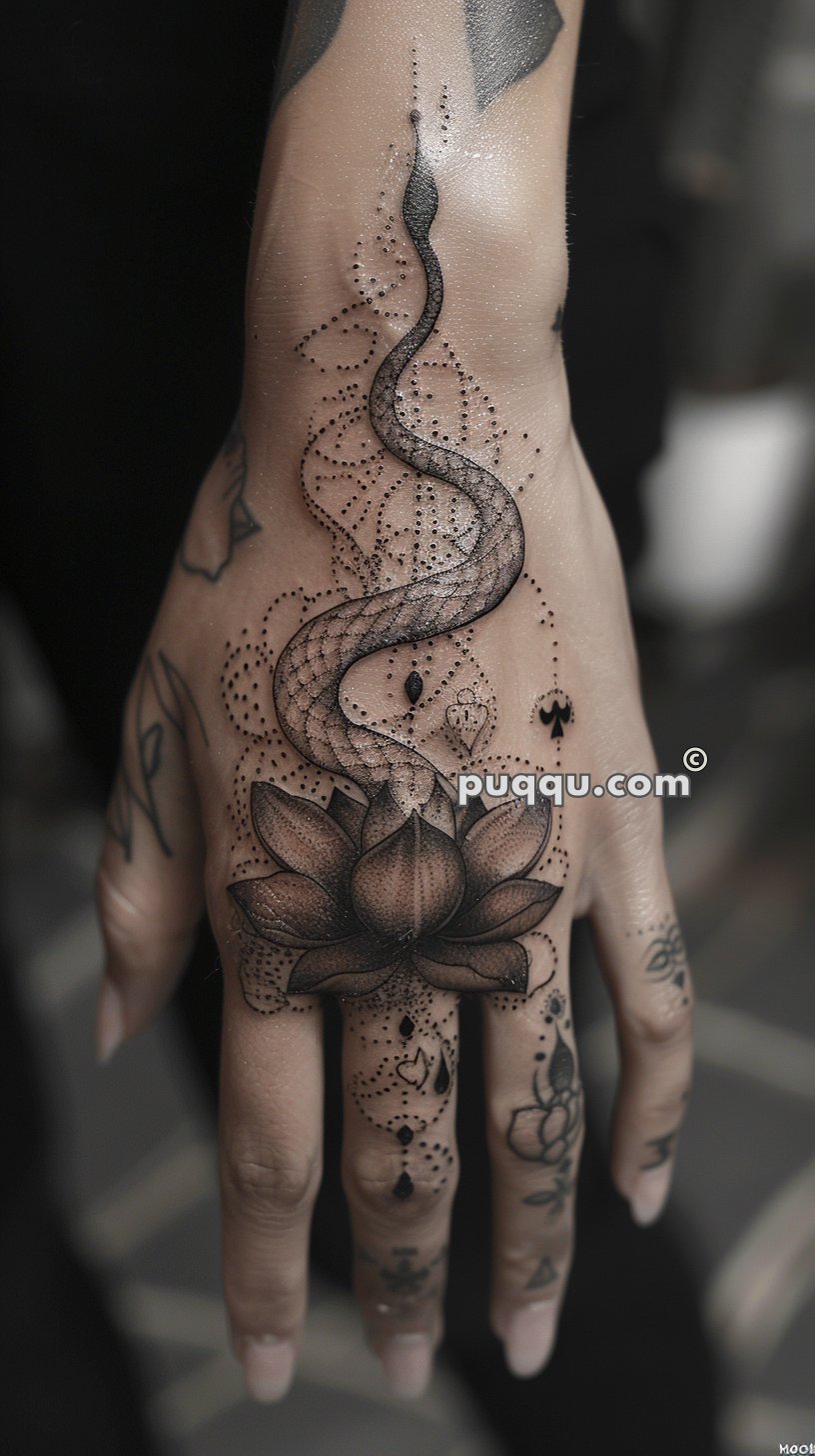 A detailed tattoo on the back of a hand, featuring a lotus flower at the base and a snake winding upward with intricate dot work and geometric designs surrounding it.