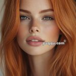 A young woman with long red hair, freckles, and blue eyes gazing directly at the camera.