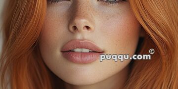 A young woman with long red hair, freckles, and blue eyes gazing directly at the camera.