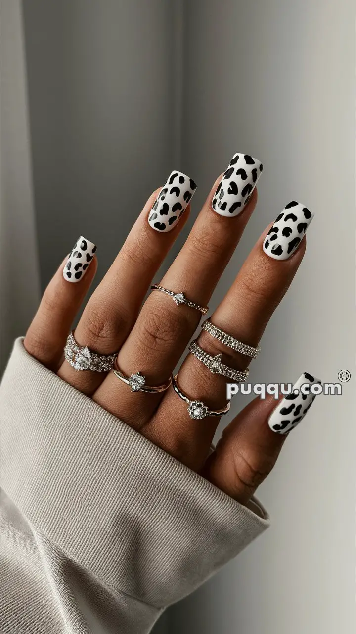 Hand with white manicure and black cow print design, wearing multiple silver and rhinestone rings, against a neutral background.